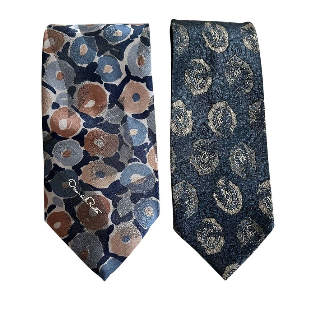 Oscar de la Renta Studio Men’s Silk Necktie Lot of 2 Blue Patterned Made in USA